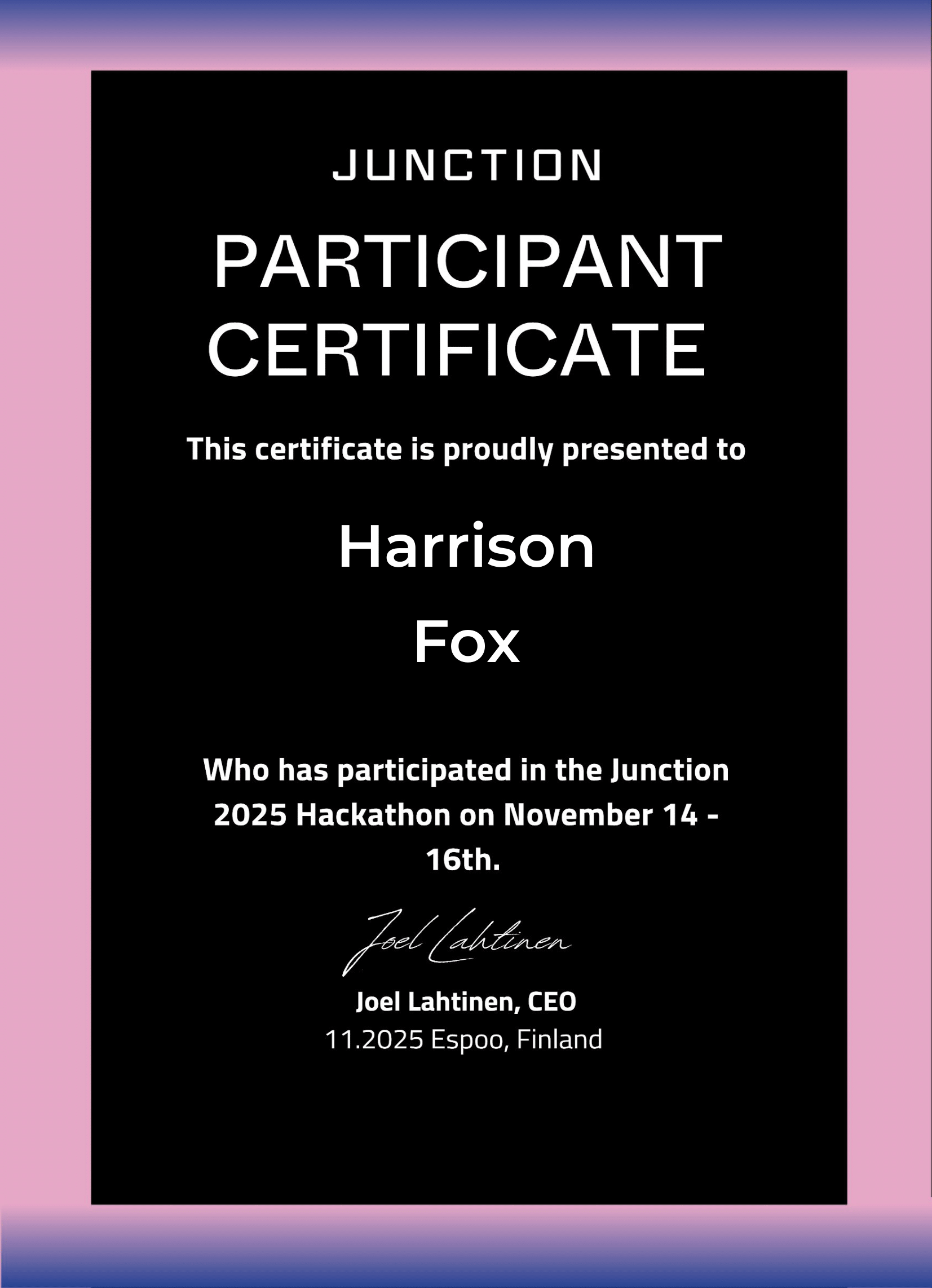 Junction Hackathon 2025 participation certifications